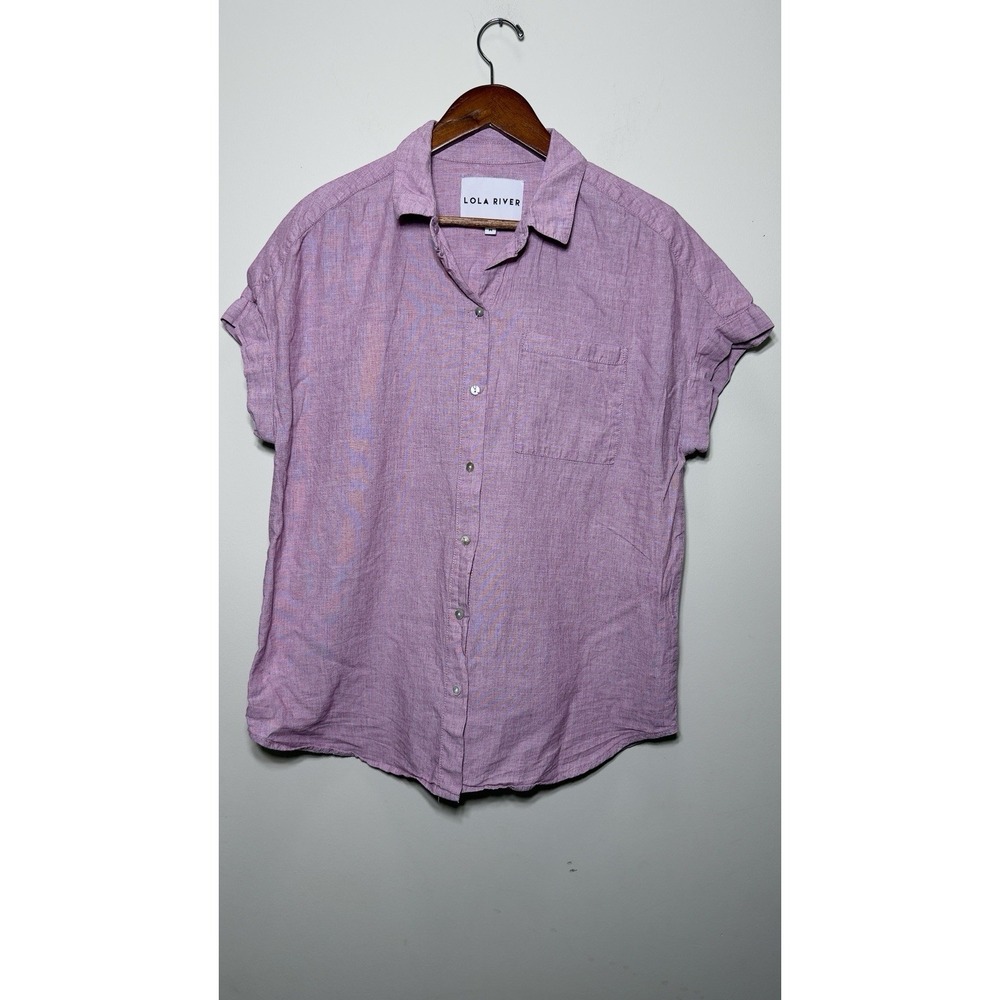 Lola River Top Women M Pnk Button Lagenlook Short Sleeve Cotton Relaxed Coastal